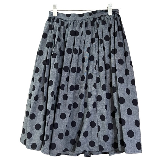 Modcloth Navy Blue Chambray Polka Dot Pleated Flare 50's Skirt EUC Sz S - Picture 3 of 11
